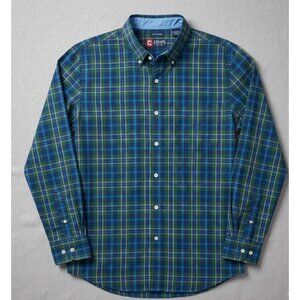 Chaps Mens Green & Blue Plaid Button-Down Shirt Easy Care Size Medium